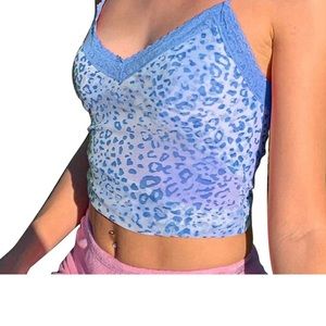 Blue Leopard Print V Neck Lace Camisole Crop Top